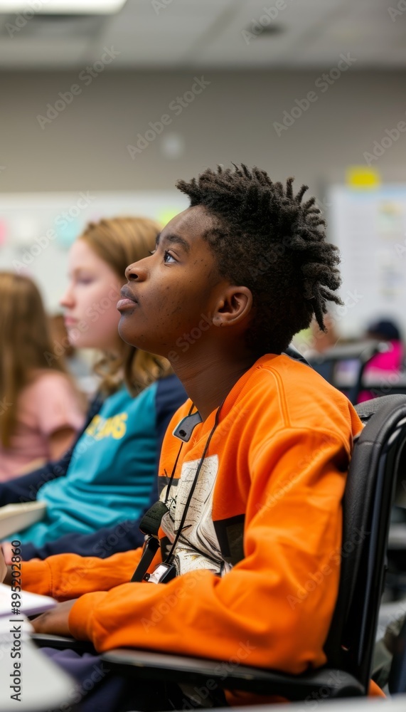 Obraz premium Inclusive Classroom Learning - Blind Student Engages with Braille Note Taker During Group Discussion