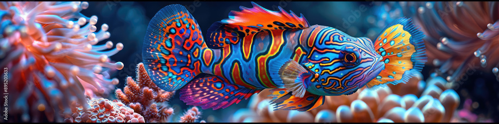 Naklejka premium Vibrant and Detailed Macro Shot of a Colorful Mandarin Fish for Marine Biology, Aquatic Life , Underwater Photography, Desktop Wallpapers. 
