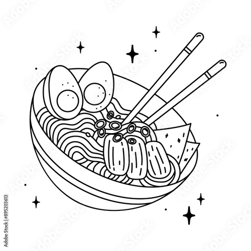 Vector ramen. Asian food concept. Japanese noodle. Line art.