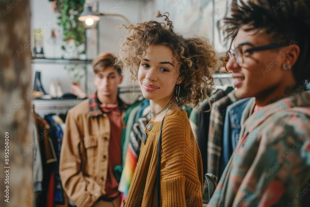 Three friends shopping for clothes, trying on stylish outfits, and enjoying their time together Three friends shopping for clothes, trying on stylish outfits, and enjoying their time together