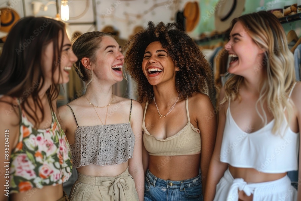 Four friends laughing together in a store, enjoying their time and bonding while shopping Four friends laughing together in a store, enjoying their time and bonding while shopping