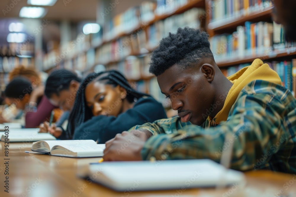 Students studying intently in a library, books and notebooks on the table, focused and concentrated Students studying intently in a library, books and notebooks on the table, focused and concentrated