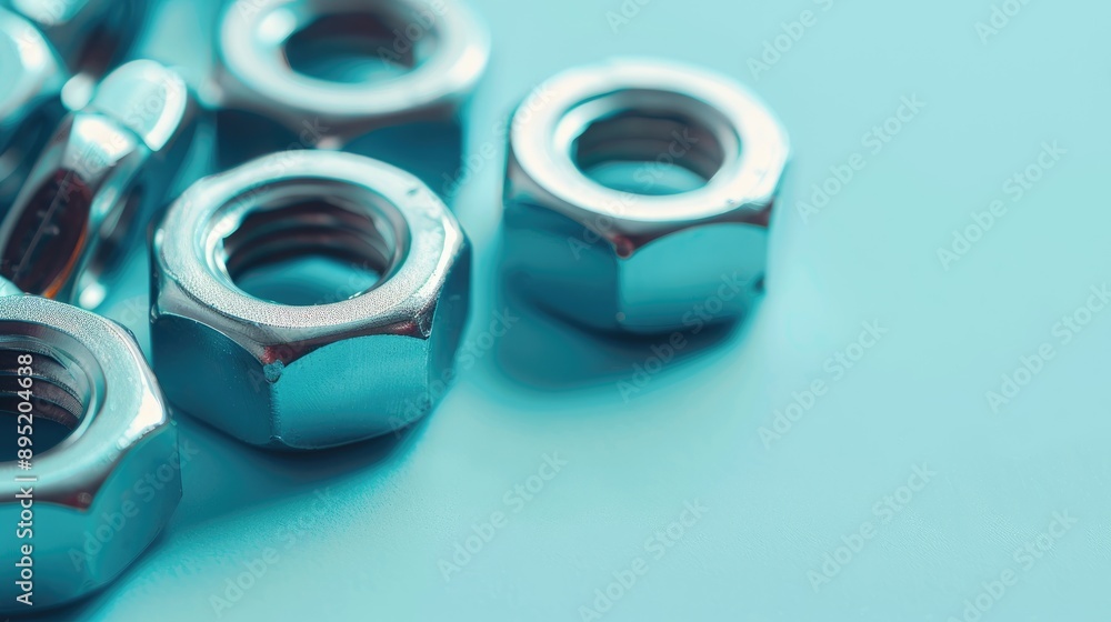 Construction hex nuts in close up on light blue background with copy space Construction hex nuts in close up on light blue background with copy space