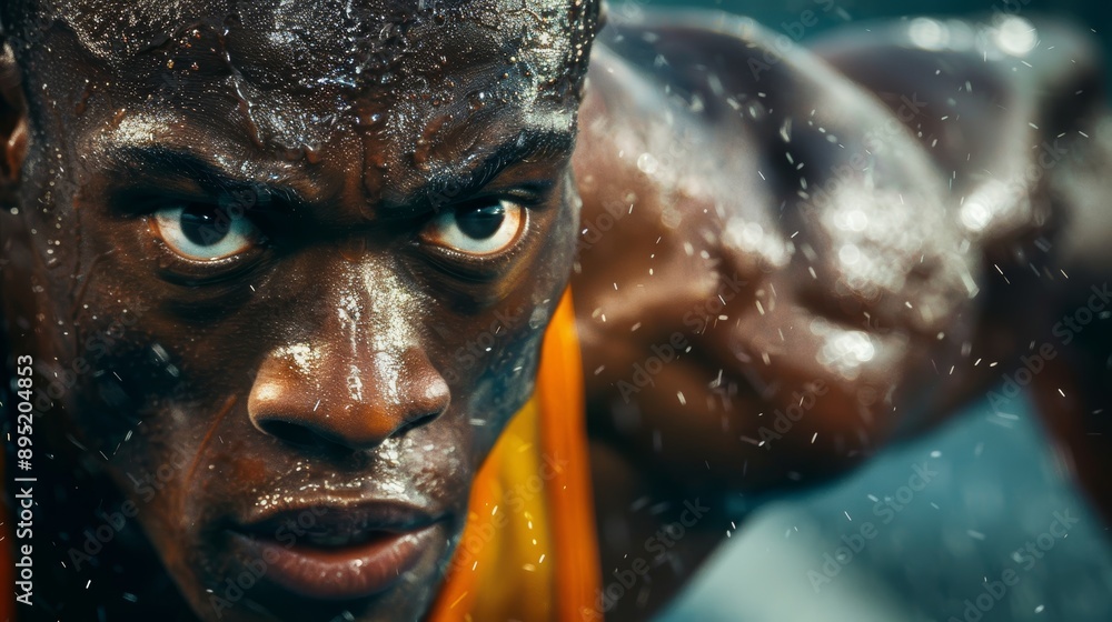Intense Expression of Sprinter in Final Push to Finish Line, Sweat and Determination Intense Expression of Sprinter in Final Push to Finish Line, Sweat and Determination