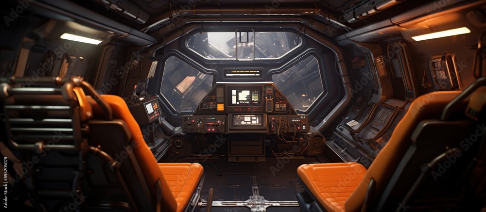 Fototapeta premium Front detailed view of the control sticks and futuristic display panel