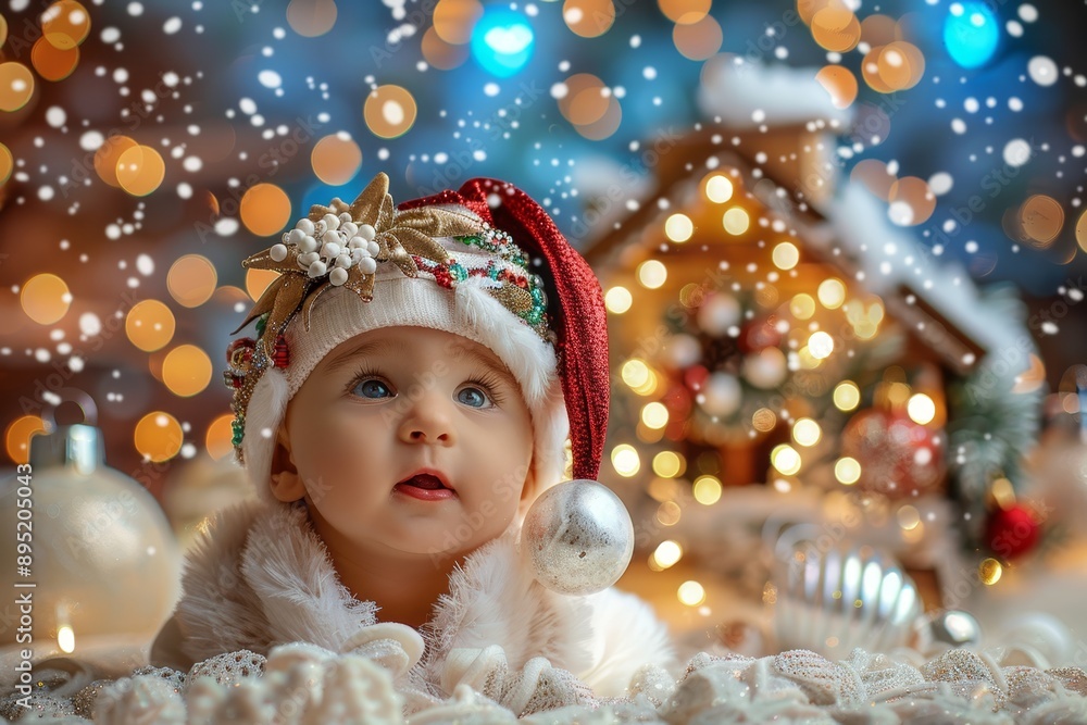 Baby in a Santa hat with a curious expression, surrounded by twinkling Christmas lights.