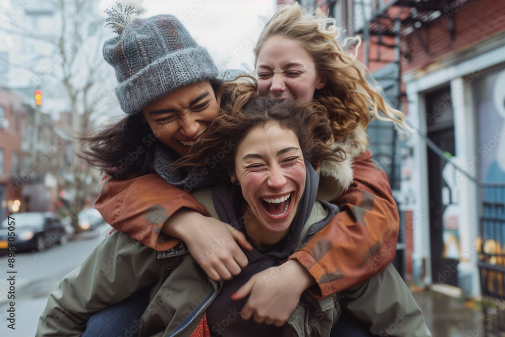 Three young friends traveling happily hugging and laughing on vacation, wearing winter clothes. Three young friends traveling happily hugging and laughing on vacation, wearing winter clothes.