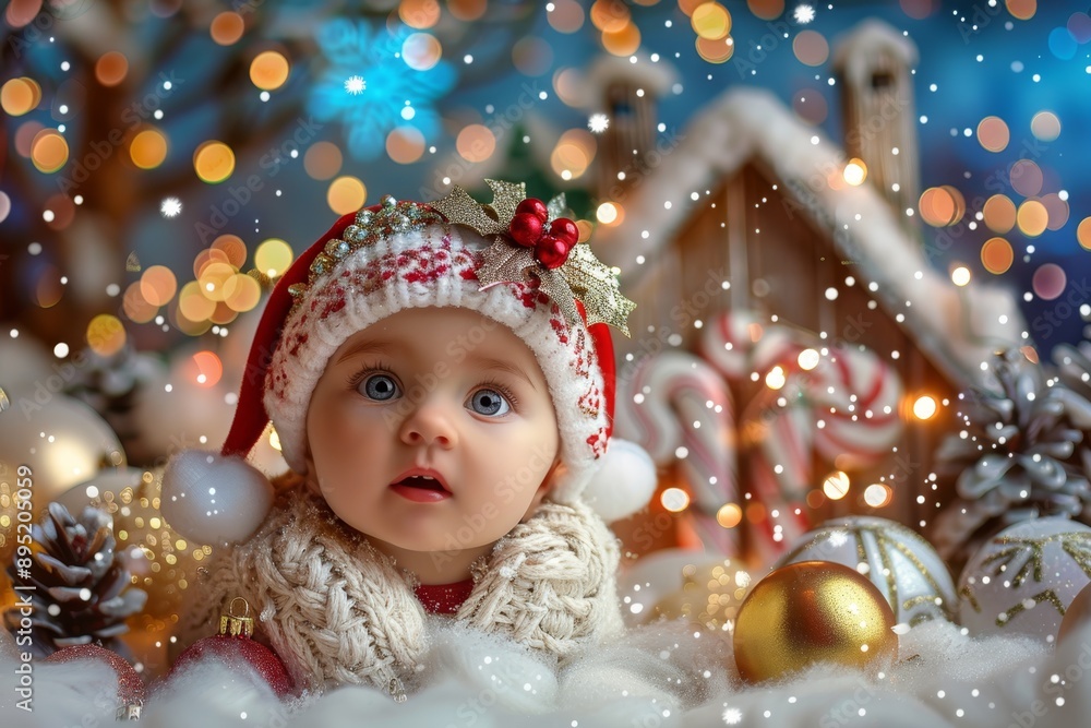 Baby in a Santa hat with a curious expression, surrounded by twinkling Christmas lights. Baby in a Santa hat with a curious expression, surrounded by twinkling Christmas lights.