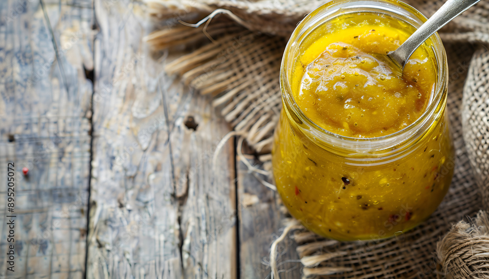 Mustard sauce in a glass jar with a spoon, wooden table Mustard sauce in a glass jar with a spoon, wooden table