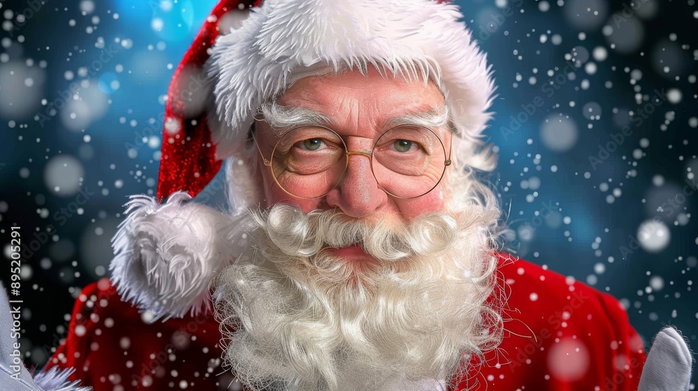 Close-up of Santa Claus face with snowflakes falling, wearing glasses and a red hat. Close-up of Santa Claus face with snowflakes falling, wearing glasses and a red hat.