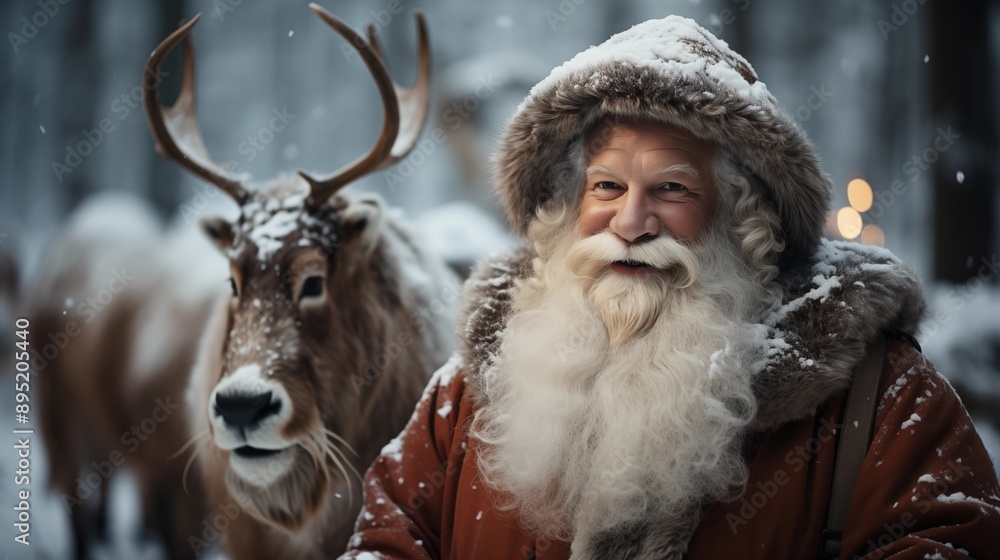 Santa Claus with reindeer in winter forest. Concept of new year celebration, Christmas celebration. Santa Claus with reindeer in winter forest. Concept of new year celebration, Christmas celebration.