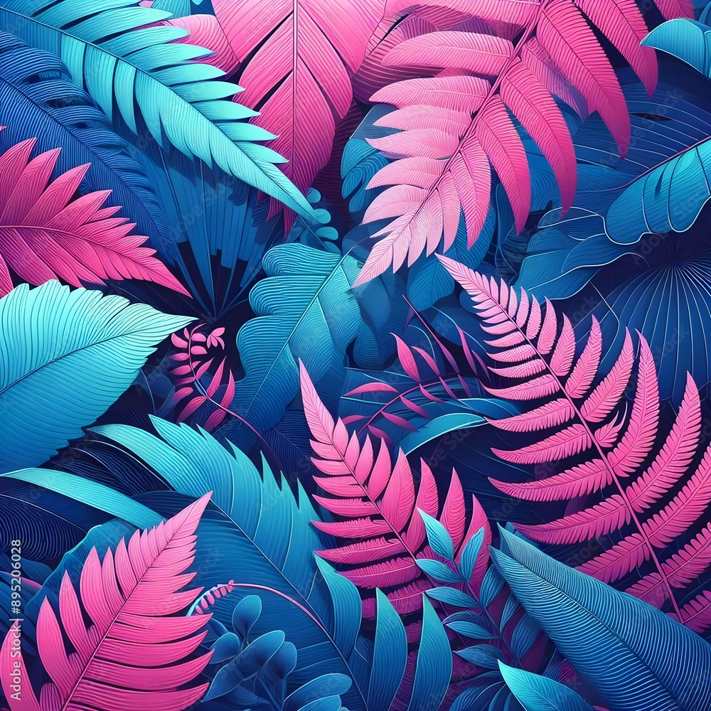 Layers of fern and palm leaves, overlapping one another, in neon pink and blue colors, digital illustration style.