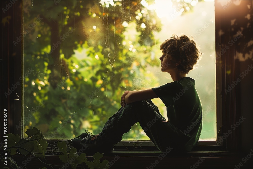 Sad little boy sitting on the windowsill and looking out the window Sad little boy sitting on the windowsill and looking out the window