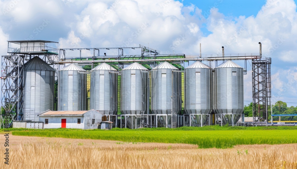 Digital ai photography of silos in wheat field for agricultural production storage Digital ai photography of silos in wheat field for agricultural production storage