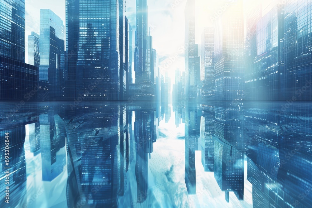 Fototapeta premium Futuristic smart city skyscrapers in modern financial district with reflections on blue background