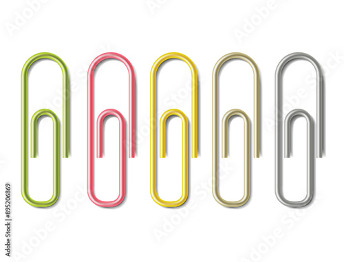 Realistic paper clip set. Colorful paperclips, white background. Vector. Colorful school supplies, vector illustration. Stationery