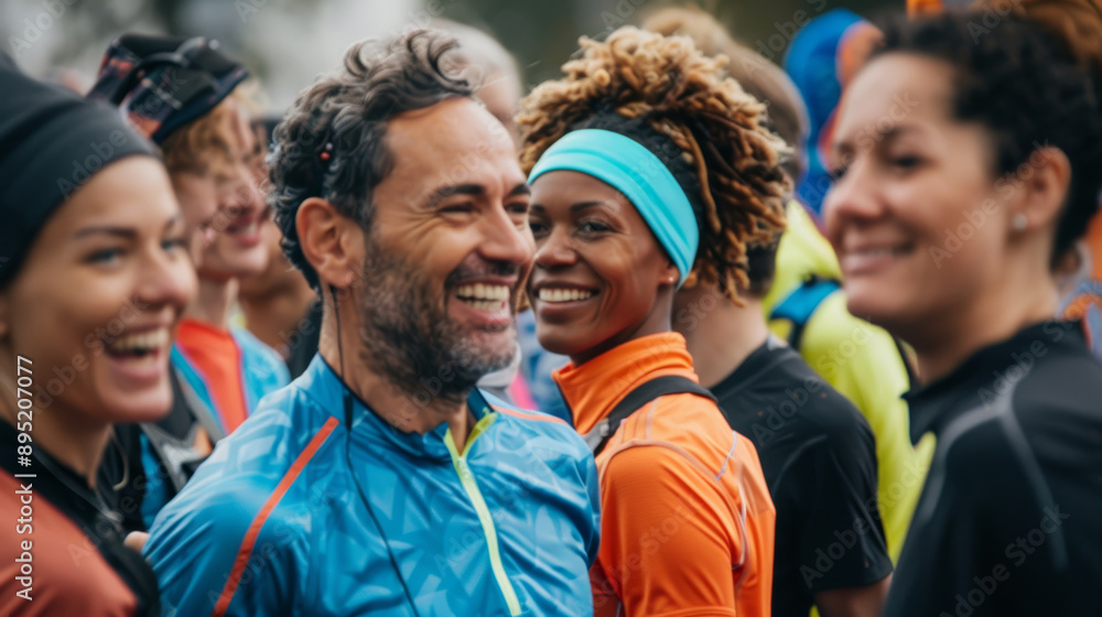 Diverse Group of Marathon Runners Laughing and Preparing at the Start Line Diverse Group of Marathon Runners Laughing and Preparing at the Start Line