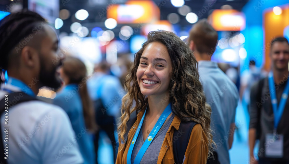 A diverse group of attendees engage in a lively conversation at a technology-themed booth during a busy conference A diverse group of attendees engage in a lively conversation at a technology-themed booth during a busy conference