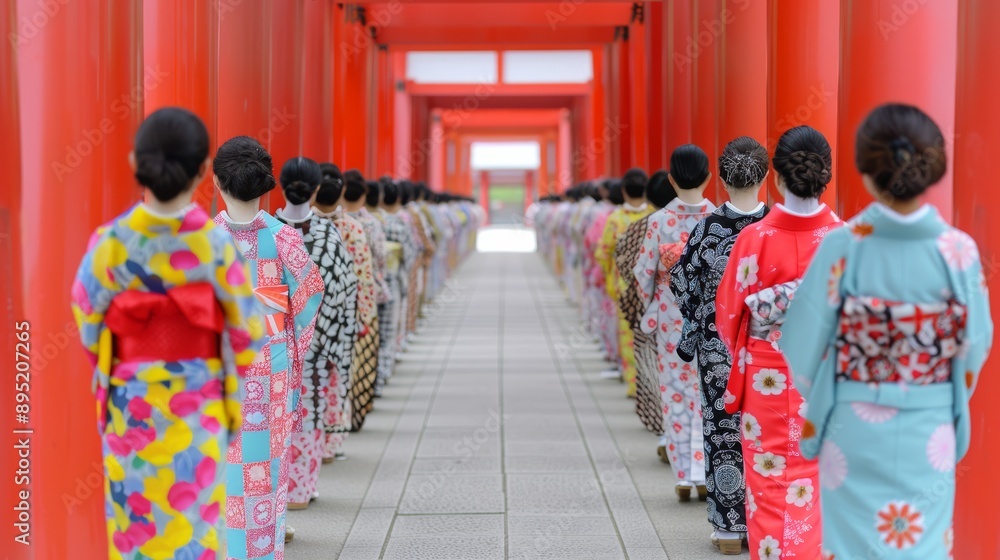 New Year's morning at Shinto shrine, visitors in kimonos, prayers, rituals, Shinto beliefs, Japanese New Year, traditional ceremonies New Year's morning at Shinto shrine, visitors in kimonos, prayers, rituals, Shinto beliefs, Japanese New Year, traditional ceremonies