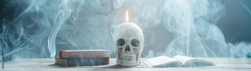 A skull is lit up by a candle on a table with two books A skull is lit up by a candle on a table with two books