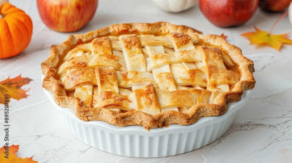 A pie with a lattice crust sits on a table with apples and pumpkins A pie with a lattice crust sits on a table with apples and pumpkins