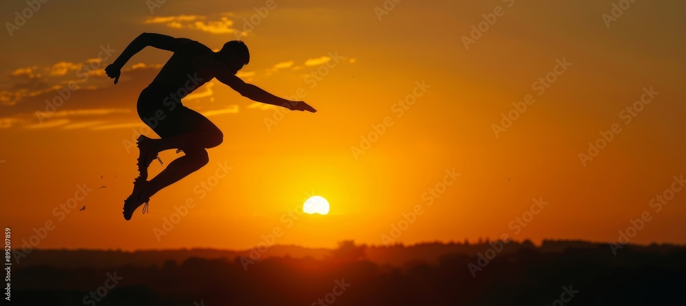 Silhouette of an Athlete Mid Jump Against a Golden Sunset - Sports Photography for Posters and Prints Silhouette of an Athlete Mid Jump Against a Golden Sunset - Sports Photography for Posters and Prints