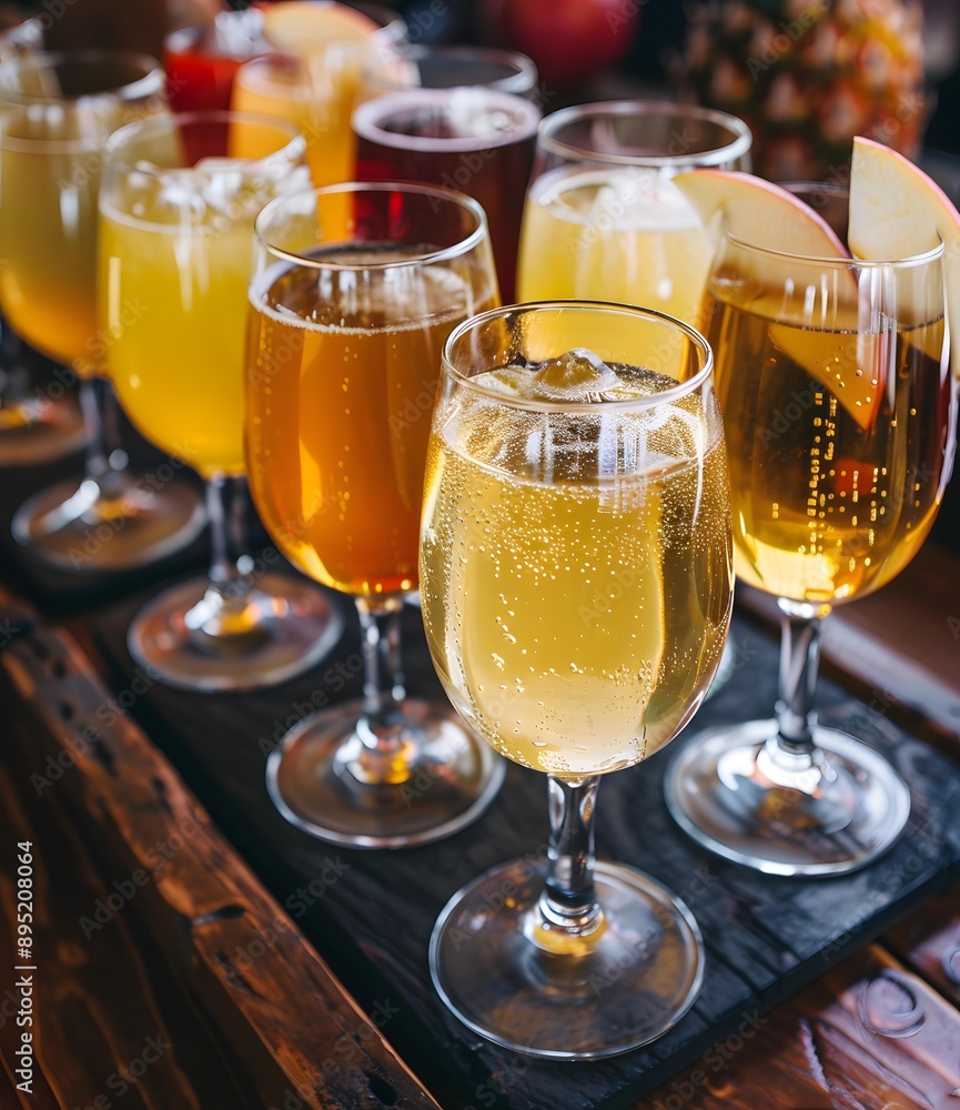 Row of Glassware Filled with Different Beverages on a Wooden Tray Row of Glassware Filled with Different Beverages on a Wooden Tray