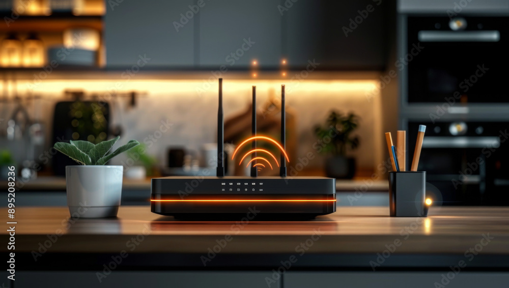 A wifi router in modern smart home, technology, internet, connectivity, network, wireless, device, Wi-Fi access concept.