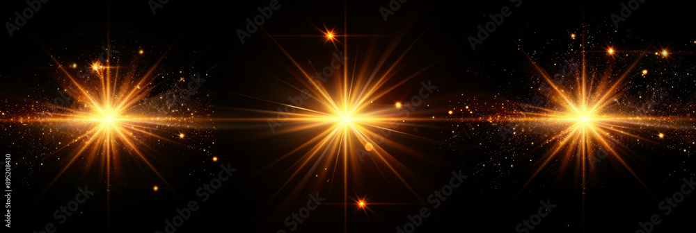 Naklejka premium Dynamic yellow Celestial Explosion set. Black Background with Glowing golden Sunburst, Digital Lens Flare, and Color-Adjusted Light Rays