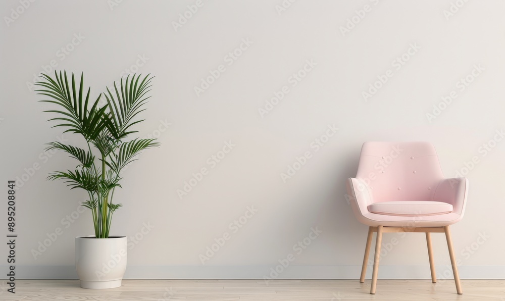 White Armchair and Palm Plant in Minimalist Interior White Armchair and Palm Plant in Minimalist Interior