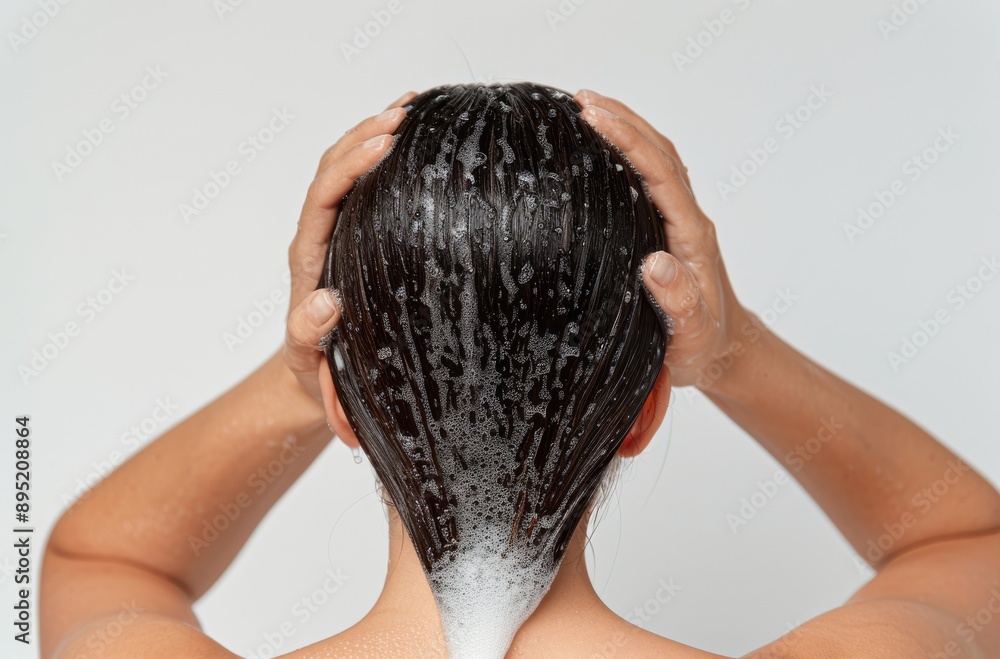 Naklejka premium Woman Washing Her Hair With Shampoo