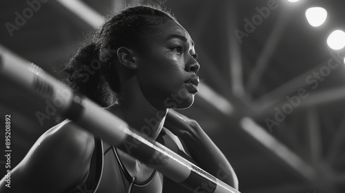 Fototapeta Naklejka Na Ścianę i Meble -  Focused Athlete Preparing for High Jump Competition in Black and White Photography