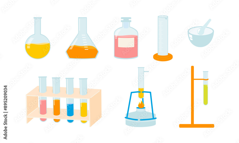 Back to school set with supplies illustrations for chemistry lessons: test tubes, bunsen burner, beaker, graduated cylinder. Colorful elements for school laboratory and science school subject Back to school set with supplies illustrations for chemistry lessons: test tubes, bunsen burner, beaker, graduated cylinder. Colorful elements for school laboratory and science school subject