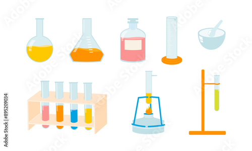 Back to school set with supplies illustrations for chemistry lessons: test tubes, bunsen burner, beaker, graduated cylinder. Colorful elements for school laboratory and science school subject
