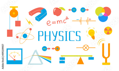 Set with physics lesson illustrations and lettering: magnet, atoms, elements, spectrum, light, formula, radiation, experiments. Back to school colorful elements for school science laboratory