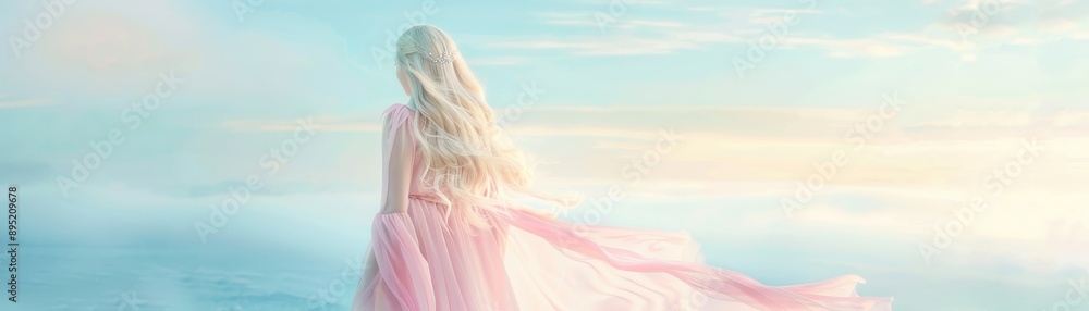 A woman in a pink dress stands on a beach with the ocean in the background A woman in a pink dress stands on a beach with the ocean in the background