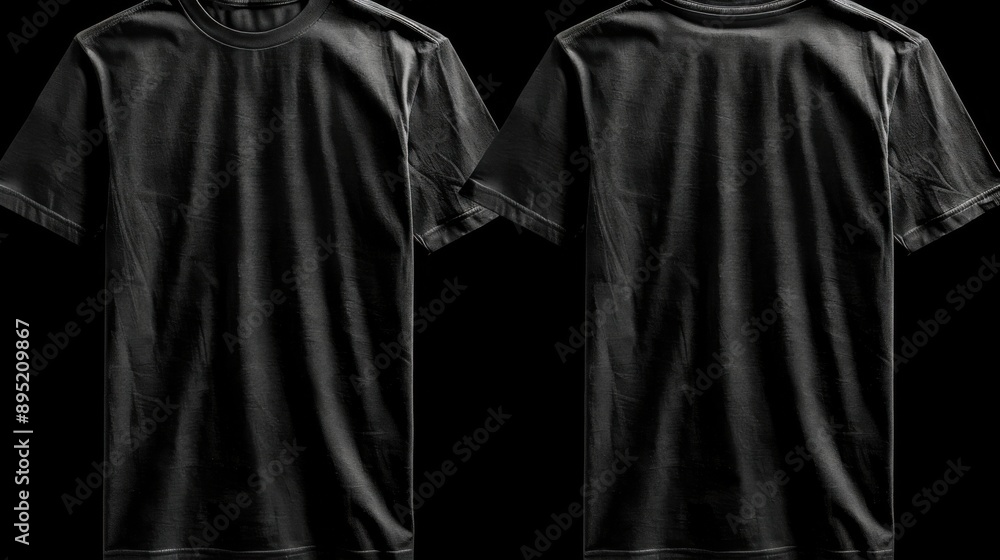 The image shows a plain black t-shirt displayed from both the front and back views, perfect for mockups and design presentations.