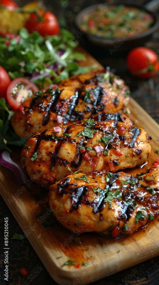 Grilled chicken breasts with vegetables on wooden board. Grilled chicken breasts with vegetables on wooden board.