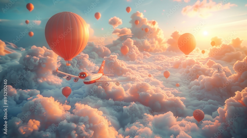 Airplane and Hot Air Balloons Above the Clouds Airplane and Hot Air Balloons Above the Clouds