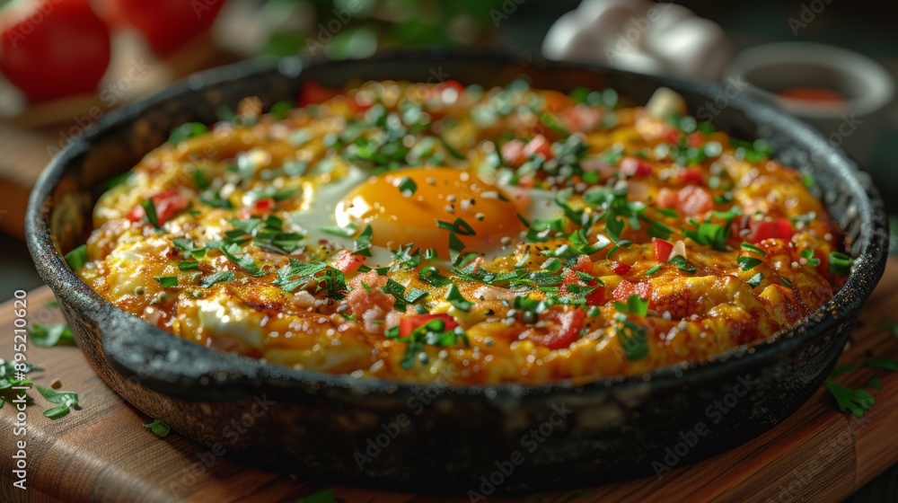 Fried eggs with vegetables in cast iron skillet. Fried eggs with vegetables in cast iron skillet.