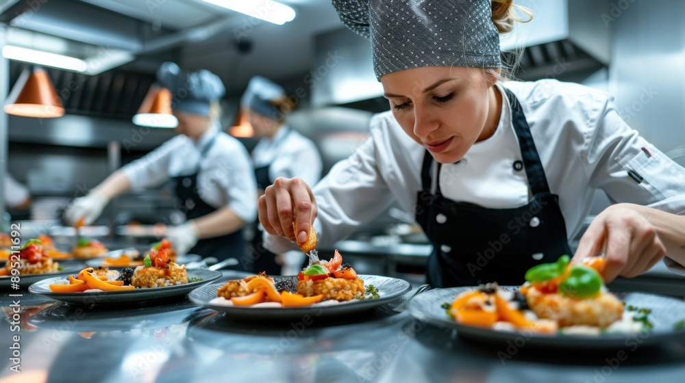A female chef is diligently garnishing food in a professional kitchen at a restaurant. Three other chefs are actively working in the background, focused on meal preparation. A female chef is diligently garnishing food in a professional kitchen at a restaurant. Three other chefs are actively working in the background, focused on meal preparation.