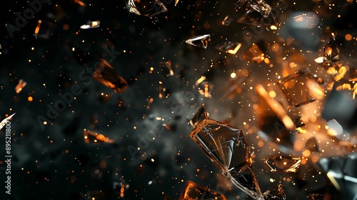 Abstract glass shatters explosion on black background. Generative AI.