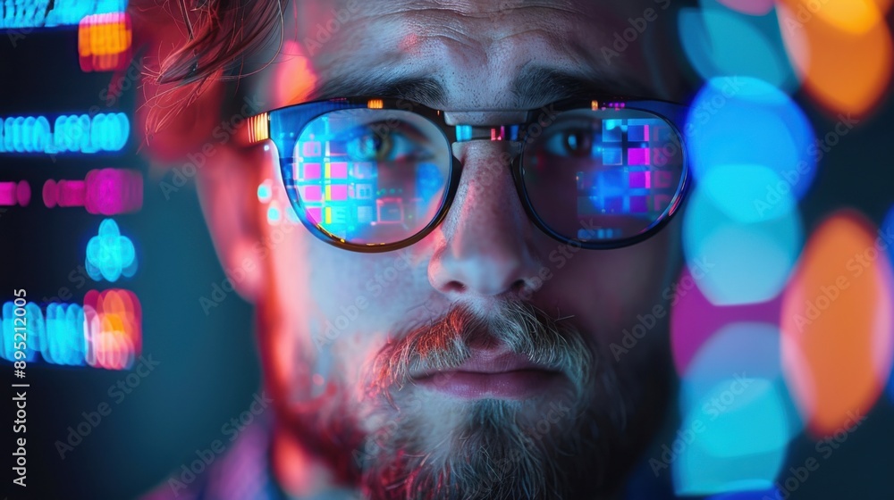 A person wearing glasses reflecting colorful digital graphics, symbolizing the metaverse and cutting-edge technology in a cyber world. A person wearing glasses reflecting colorful digital graphics, symbolizing the metaverse and cutting-edge technology in a cyber world.