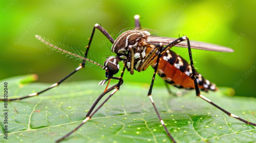 A close-up image of a mosquito perched on a green leaf, showcasing its detailed features with a blurred natural green background. A close-up image of a mosquito perched on a green leaf, showcasing its detailed features with a blurred natural green background.