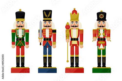 Set of Christmas Nutcracker toys soldier traditional figurine. Flat Vector illustration