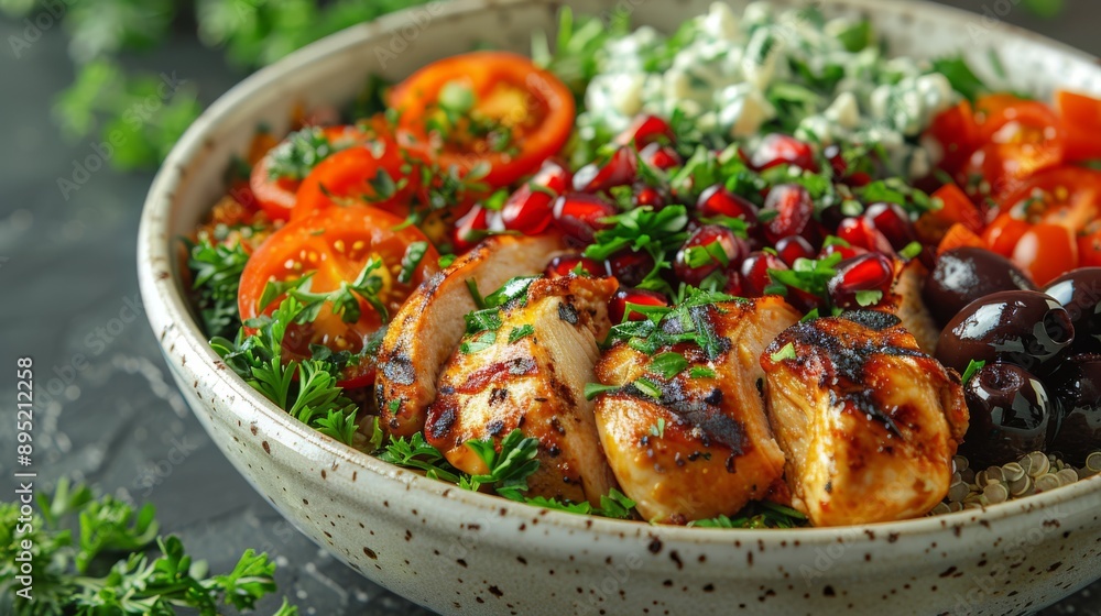 Grilled Chicken Veggie Bowl with Quinoa and Pomegranate. A nutritious homemade veggie bowl featuring grilled chicken, quinoa, parsley, and pomegranate, garnished with fresh vegetables. Grilled Chicken Veggie Bowl with Quinoa and Pomegranate. A nutritious homemade veggie bowl featuring grilled chicken, quinoa, parsley, and pomegranate, garnished with fresh vegetables.