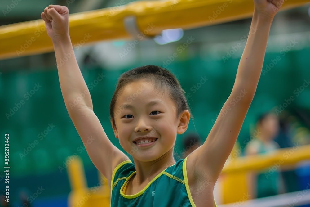 Obraz premium Young Athlete Celebrates Victory with Fist Pump in Sports Arena