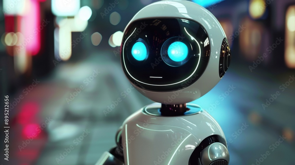 A futuristic AI robot with glowing blue eyes stands in a dimly lit urban setting, showcasing advanced robotics design. The background appears blurred with neon lights. A futuristic AI robot with glowing blue eyes stands in a dimly lit urban setting, showcasing advanced robotics design. The background appears blurred with neon lights.