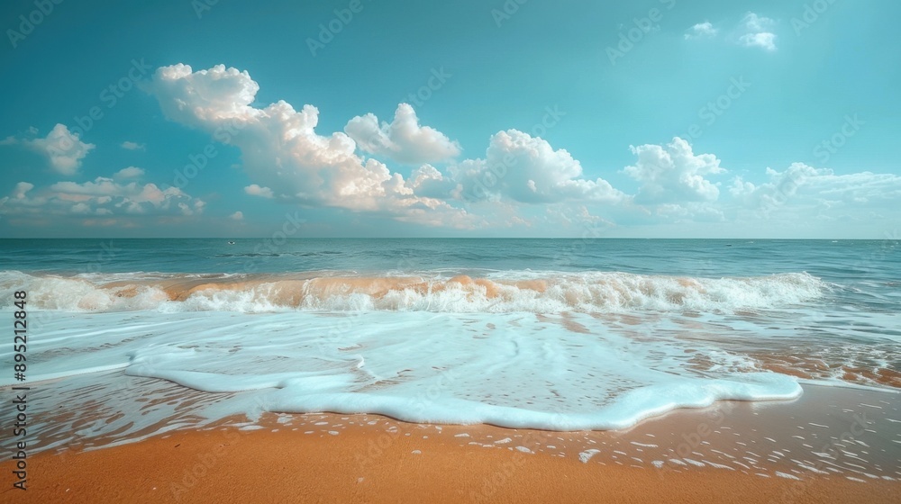 A serene tropical beach panorama featuring a seascape with gentle waves, golden sand, and a wide horizon under a bright blue sky with scattered clouds. A serene tropical beach panorama featuring a seascape with gentle waves, golden sand, and a wide horizon under a bright blue sky with scattered clouds.