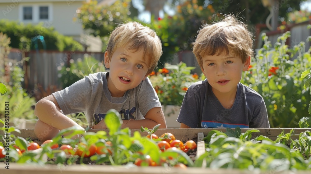 Two children are seen tending to plants in a community garden. They are surrounded by lush greenery and ripe tomatoes, enjoying nature and gardening. Two children are seen tending to plants in a community garden. They are surrounded by lush greenery and ripe tomatoes, enjoying nature and gardening.